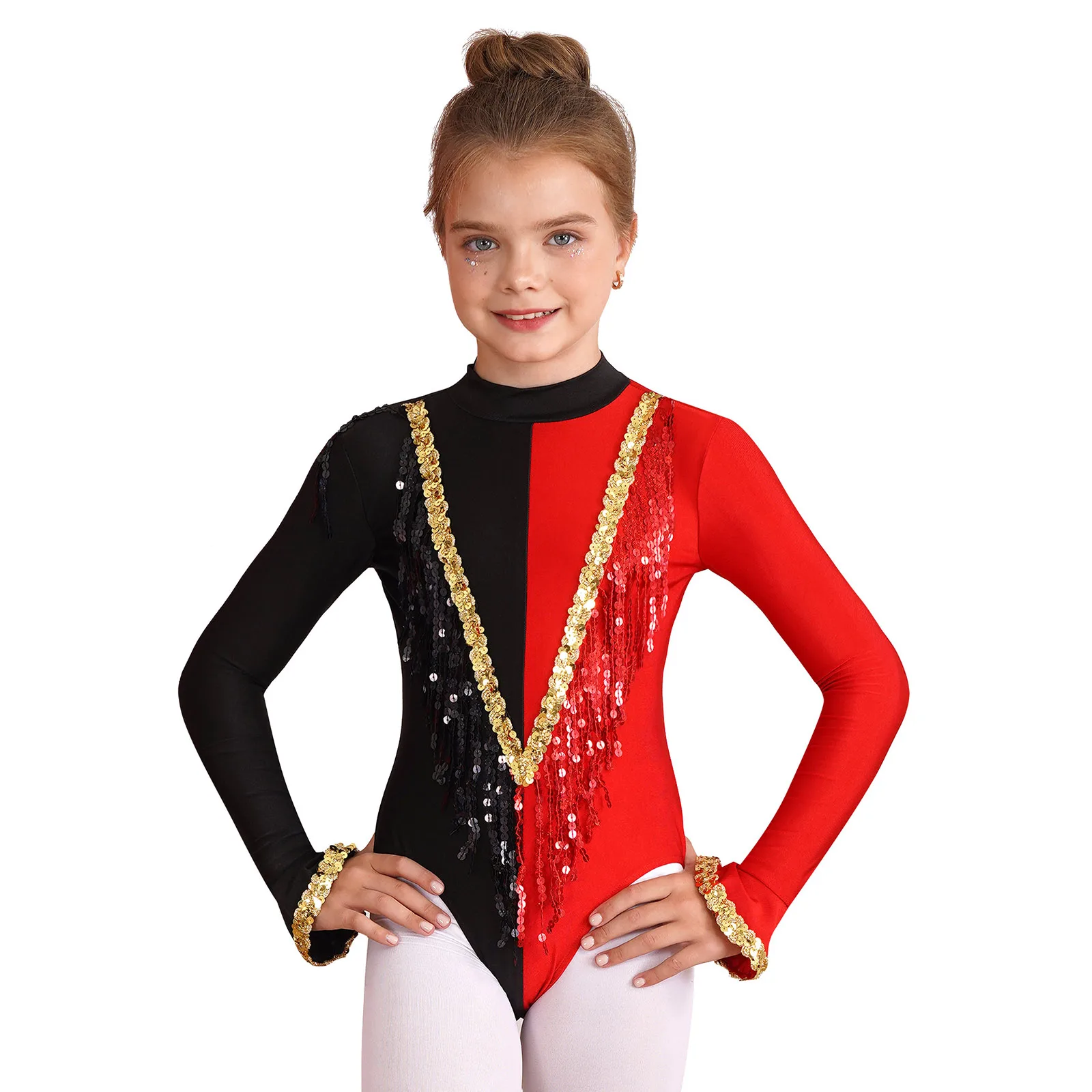 

Kids Girls Circus Leotard Halloween Circus Ringmaster Cosplay Costume Long Sleeve Shiny Sequins Jumpsuit Magic Showman Clothes