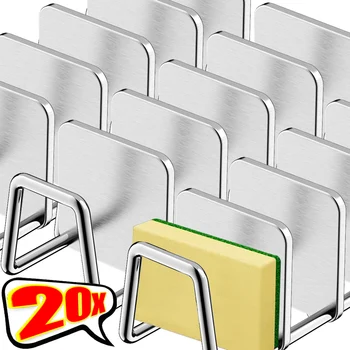20/1x Stainless Steel Kitchen Sponge Holder Wall-Mounted Scrubber Racks with Strong Adhesive Multi-Functional Draining Hooks