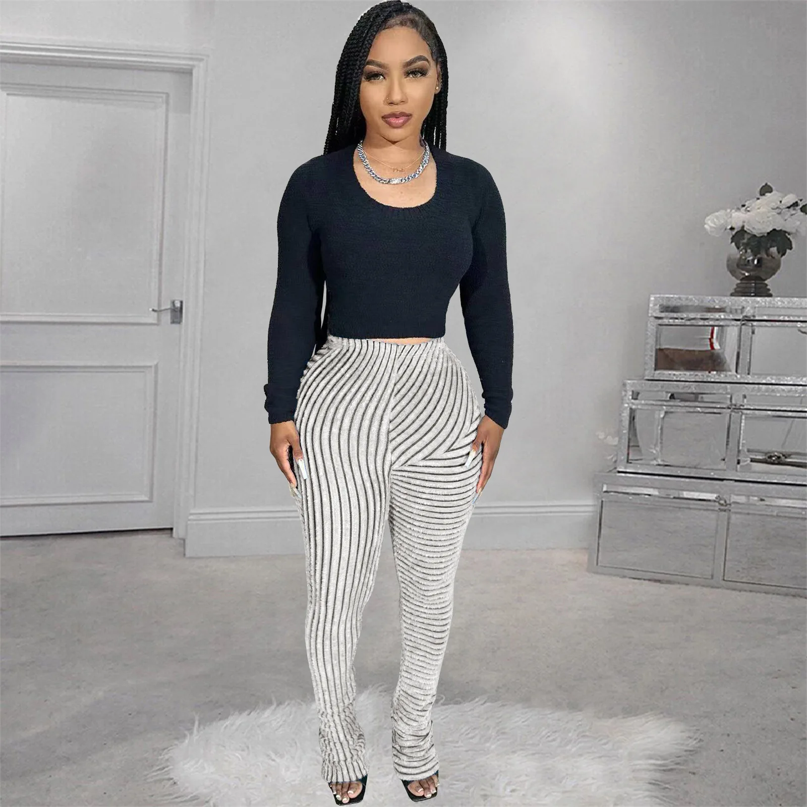 Fall Winter Stacked Sweat Fuzzy Pants Elastic Waist Fit Slim Woolen  Pleated Pants Women Fuzzy Stacked Ruched Flared Trousers