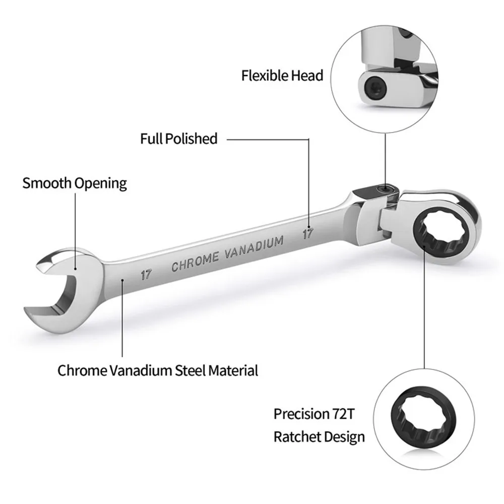 Flexible Head Ratcheting Wrench Metric Ratchet Combination Ended Gear Key Spanner Repair Tool