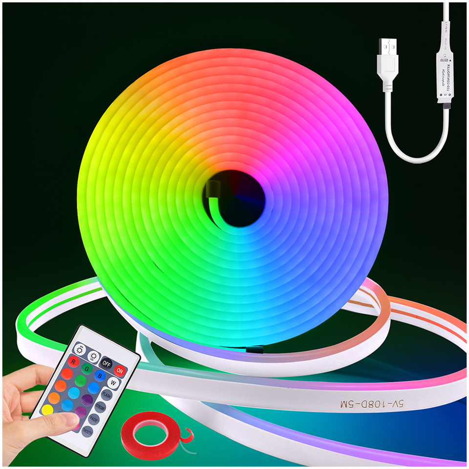 5V RGB Led Neon Strip Rope Light 24key Remote Control USB Kit with Adhesive Flexible Tape 1m 2m 5m 3535 108LED/m Home Decoration