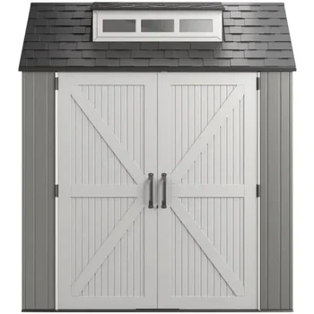 Abri de rangement extérieur gris résistant aux intempéries 7x7 pieds avec sol pour l'organisation des outils d'arrière-cour et de jardin 1