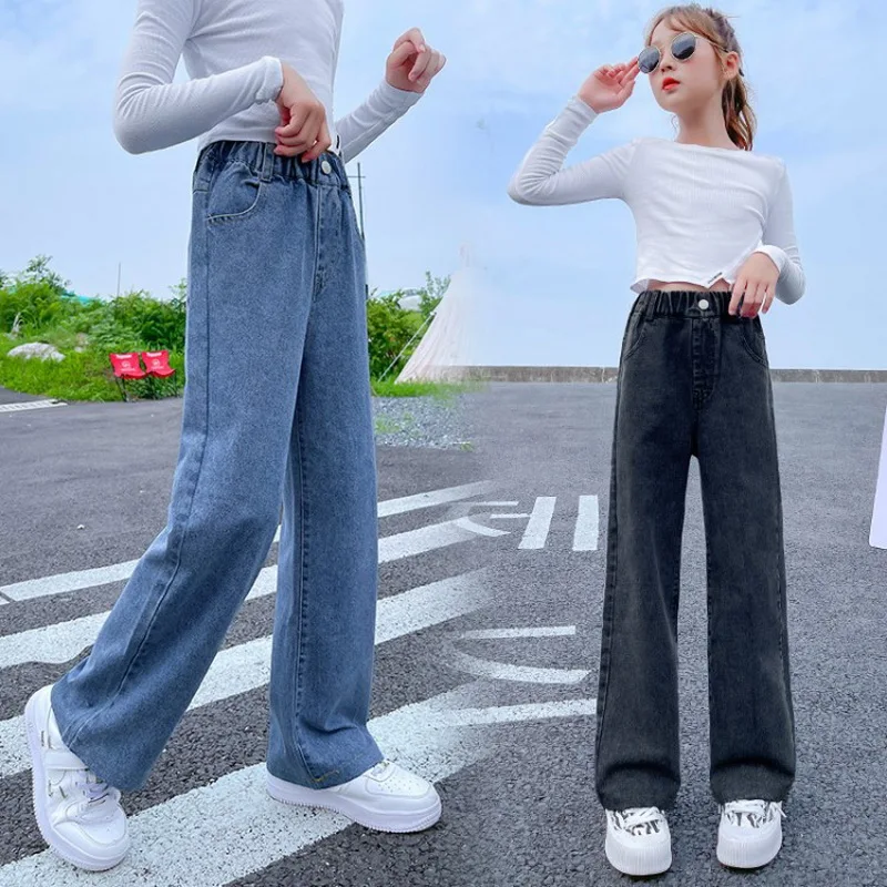 Teenage Girls Jeans 2024 Spring Autumn Casual Fashion Loose Blue Kids Leg  Wide Pants School Children Trousers 6 8 10 12 Year