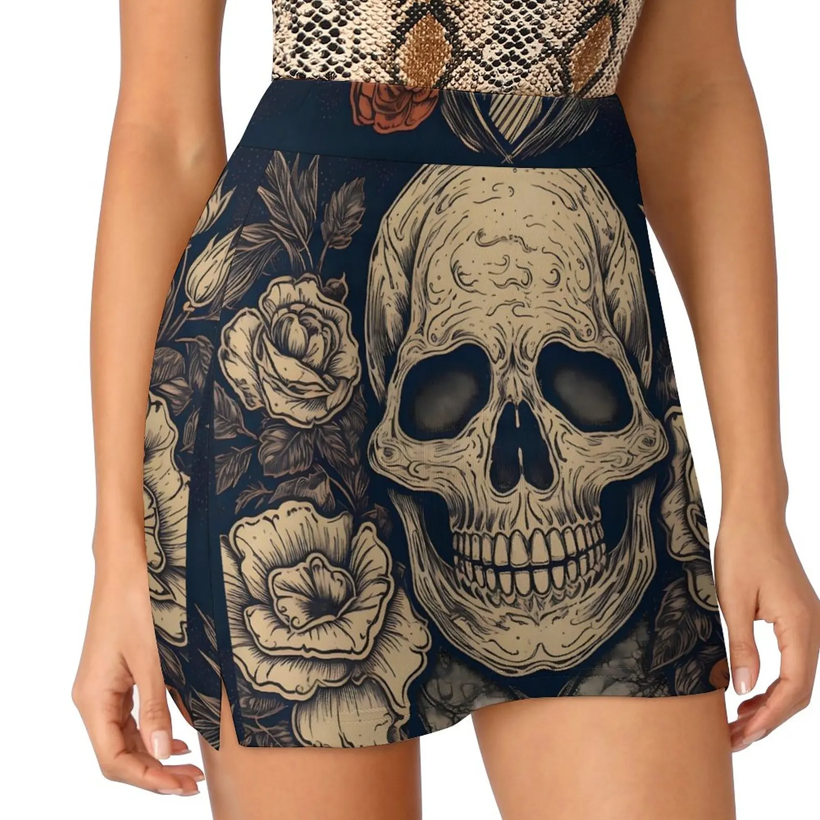 

Gothic Print Skirt Skull and Roses Vintage Mini Skirts Summer High-waisted Printed Street Wear Casual Skirt Big Size 3XL 4XL