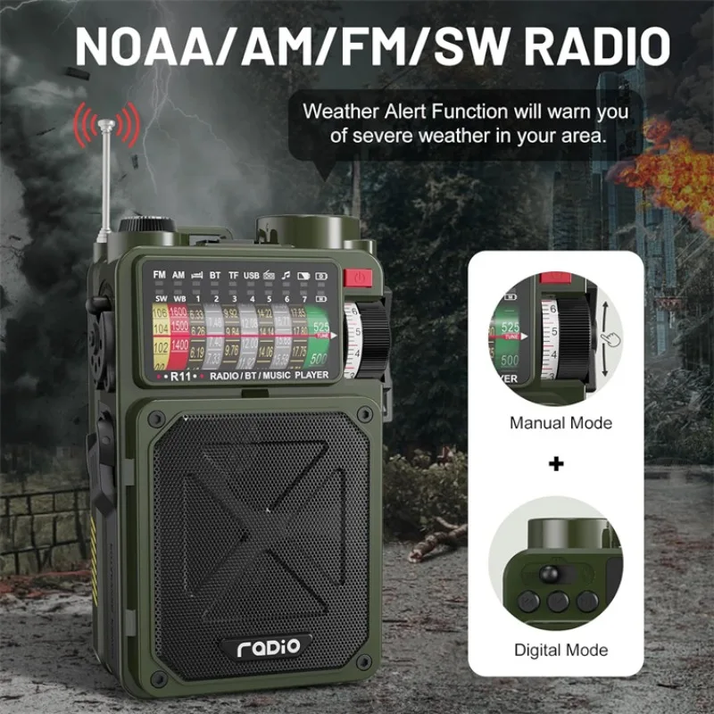 R11 Multifunction Emergency Radio BT Speaker Outdoor AM/FM/SW/WB Full-band Radio With Solar Hand Crank Dynamo TF Card USB Player
