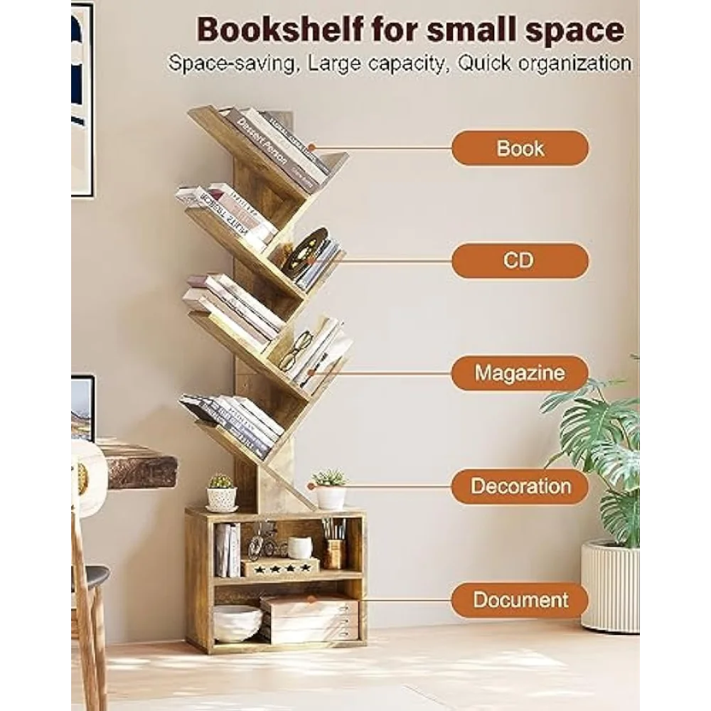 Rotating Bookshelf,6 Tier 360 Floor Standing Revolving Bookcase Storage  Rack,Wood Narrow Bookshelf for Small Space,Corner Book Shelf Organizer for