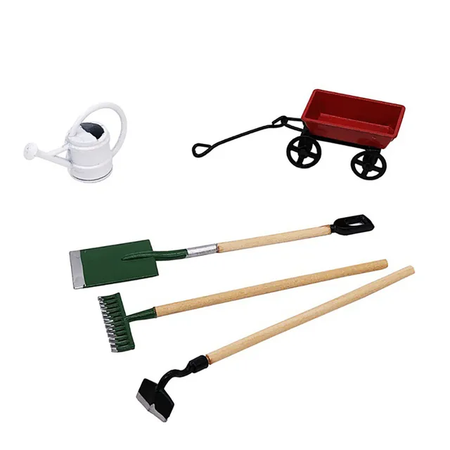 1/12 Miniature Dollhouse Set Fairy Garden Equipment Tools Watering Can Red Cart Simulated Garden Maintenance Tool Pretend Play 2