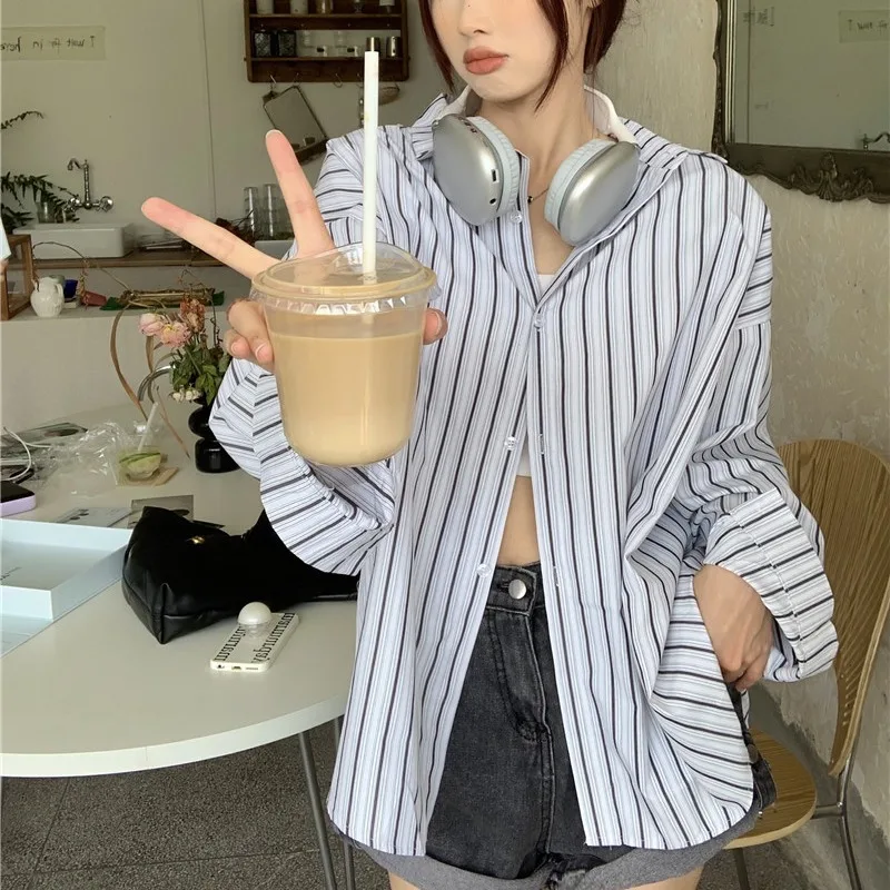 Women's Spring Summer Fashion Polo Neck Stripe Style Versatile Long Sleeved Loose Single Row Multi Button Mid Length Shirt Tops