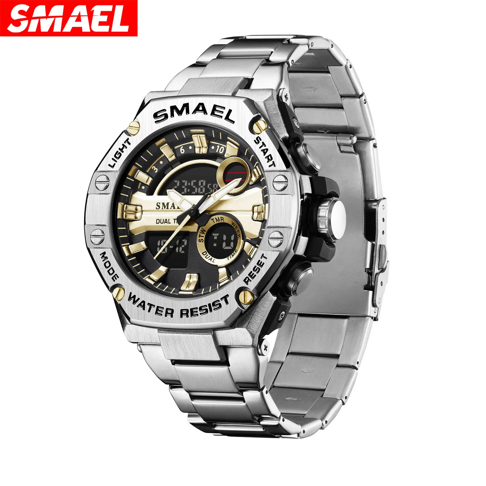 

SMAEL 8090 Multifunctional Steel Strap Dual Display Electronic Watch montre homme Outdoor Sport Waterproof Alarm Watches for Men