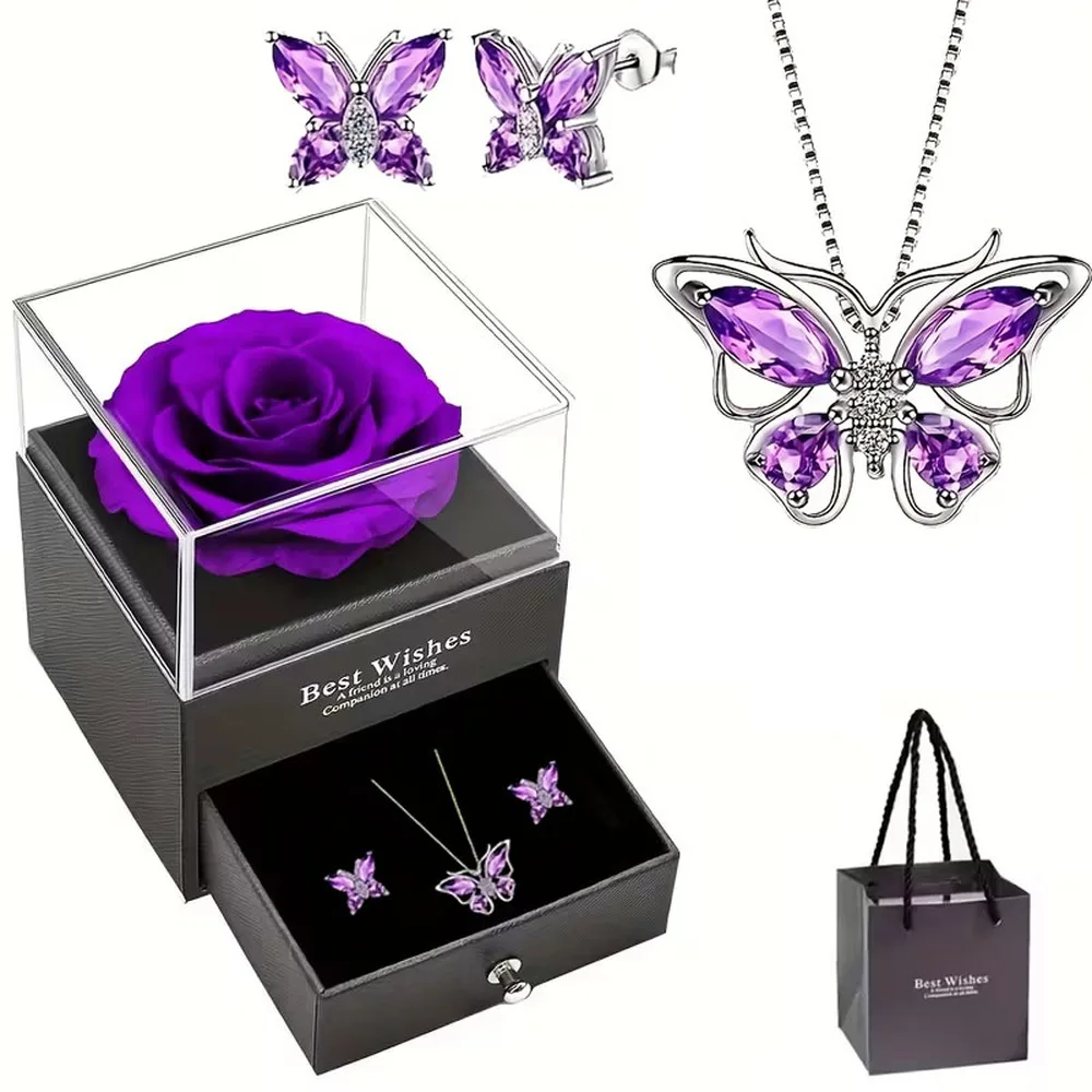 1 Set elegante Halskette und Ohrringe mit Schmetterlingsanhänger und lila Rosen-Geschenkbox für Muttertag, Valentinstag, Weihnachten, Geburtstage