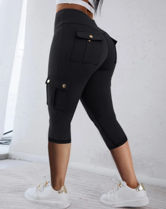 Sports Style Women's Pants 2024 Summer New Multi Color Women's Casual Pocket Design High Waisted Cropped Sports Pants