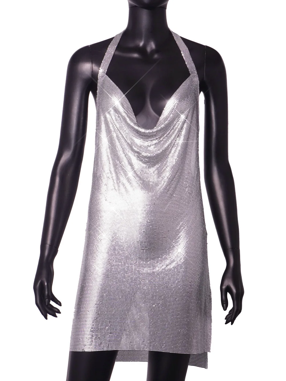 

Solid Draped Front Chainmail Metal Mesh Mini Dress Split Hem Tie Backless Metallic Halter Dress for Women