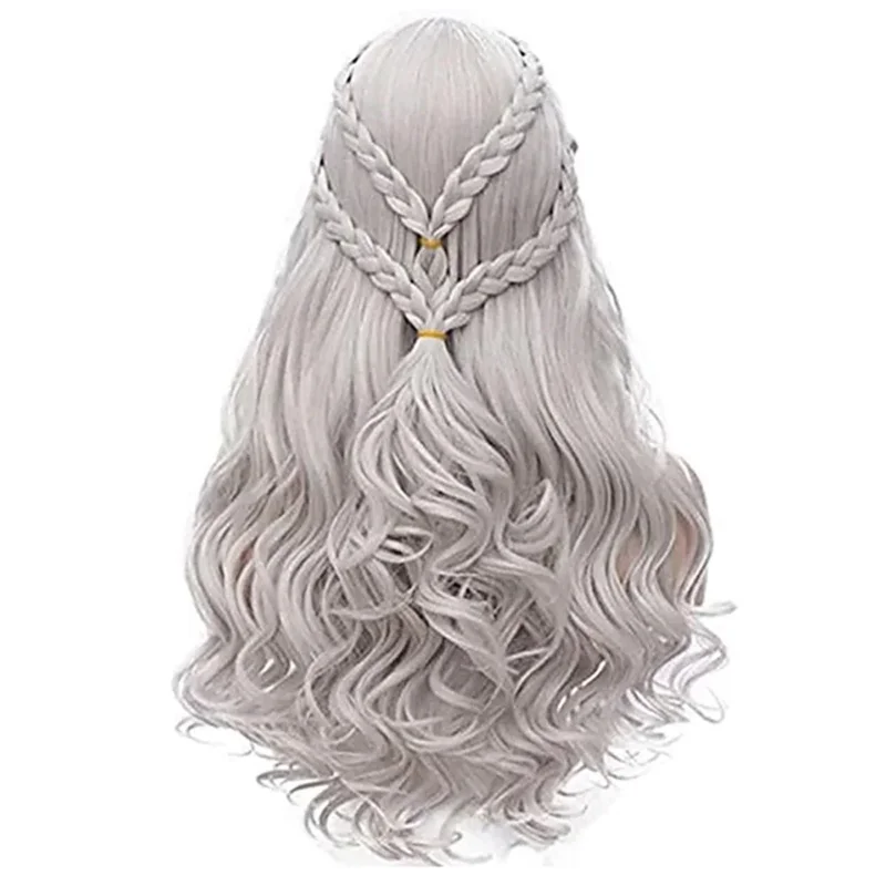 HAIRJOY ??합성 머리 코스프레 가발 실버 긴 땋은 머리 의상 코스프레 여왕 로리타 가발 여성용