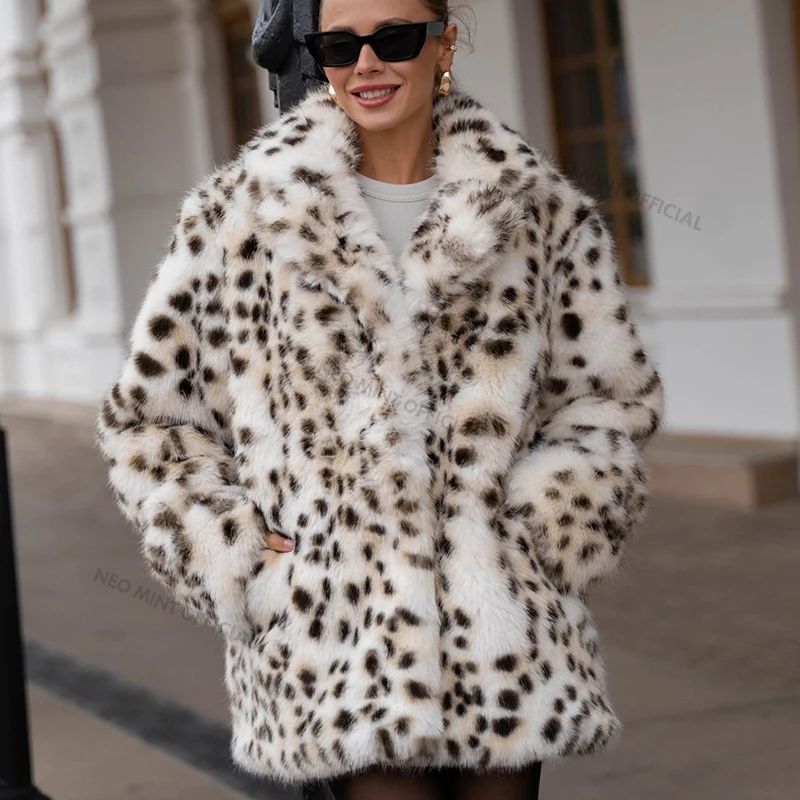 Exclusive Long Brown Leopard Fox Fur Coat Women Winter New Luxury Hot Brand Fashion Girls Faux Fur Jacket Overcoat