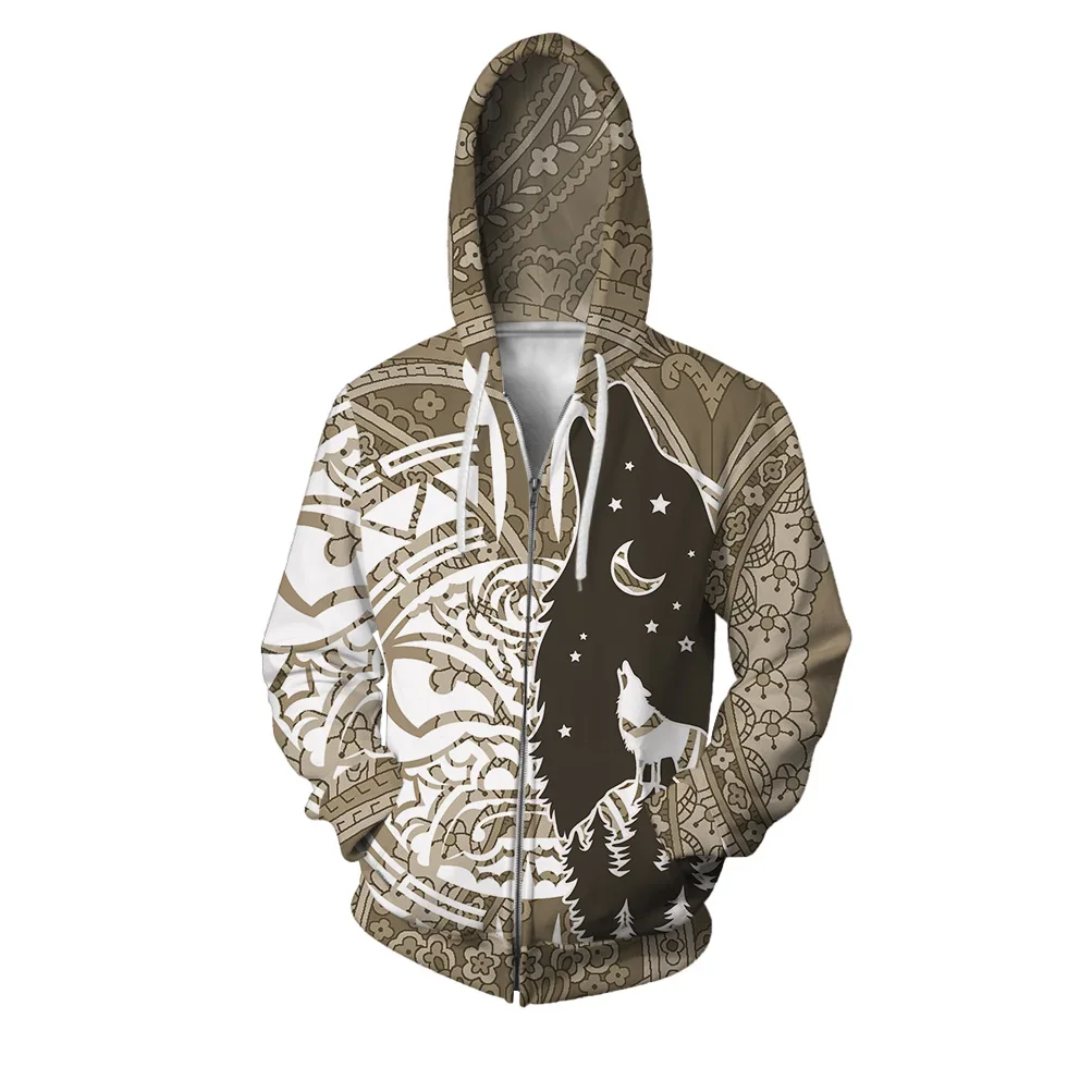 Autumn Men's Sweat-shirt Skateboarding and Greedy Wolf Howling Moon Cool Printed Sweatshirt Zip Up Hoodies Men's Casual Hoodie