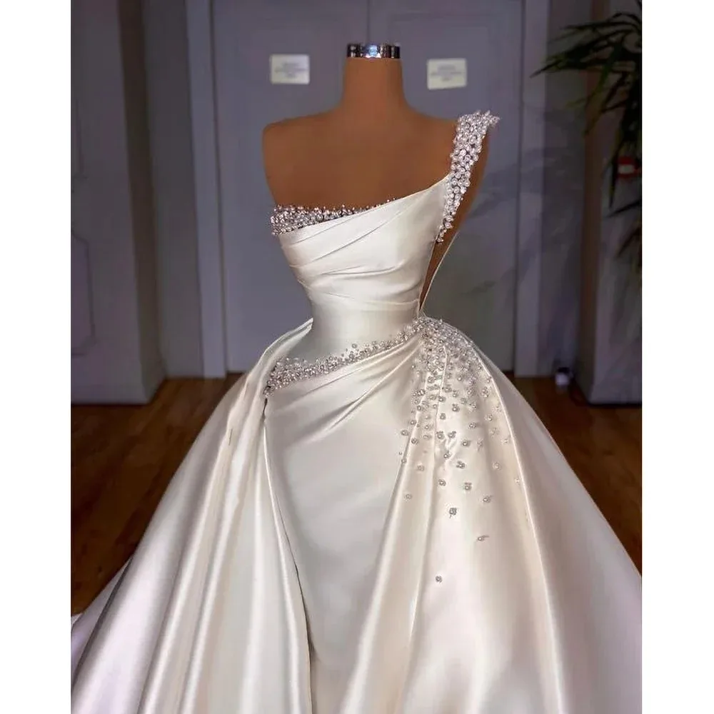 Wedding Dresses Satin Pearls Mermaid One Shoulder Bead Detachable Skirt