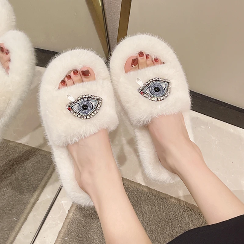 

Women Winter Slippers Platform Autumn Round Toe Rhinestones Casual Flat Home Non-slip White Fashion Plush Slippers Free Shipping