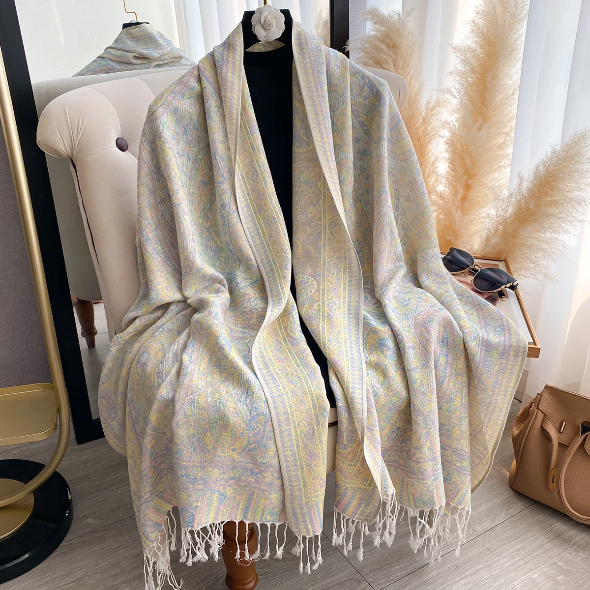 Luxury Winter Women's Cashmere Scarf - Embroidered Printed Tasseled Shawl, Muslim Modal Hijab Headscarf & Warm Poncho