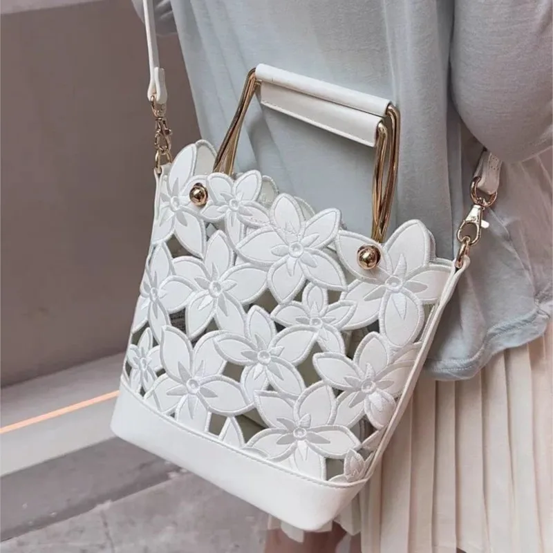 Elegant Gentle White Floral Handbag Women Cutout Embroidered Leather Shoulder Bags Ladies Summer Fashion High End Crossbody Bag
