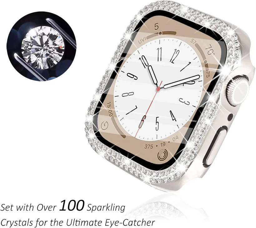 Diamond Bling Cover For Apple watch Case 45mm 41mm 38mm 42mm 44mm 40mm HD Tempered Glass+Bumper Screen Protector Accessories