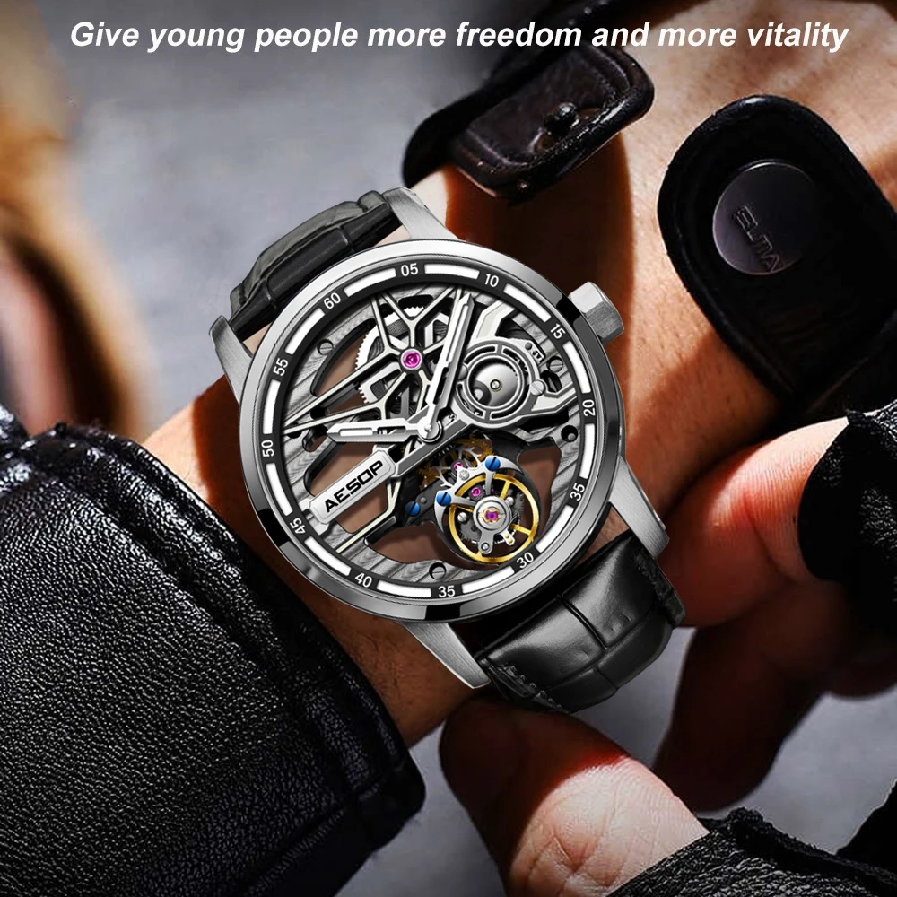 AESOP Men Flying Tourbillon Mechanical Full Skeleton Waterproof Watches Top Brand Luxury Watch for Men Sapphire With Diamond Man 6