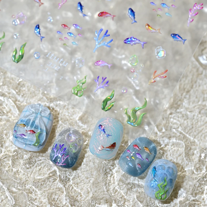 5D rich goldfish nail stickers lotus carp ribbons nail art appliqu&eacute;s handmade creative art decorations nail stickers