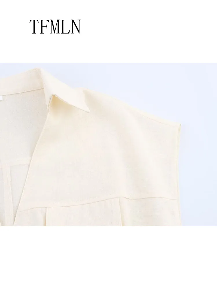 TFMLN Summer Chic Casual Women Solid Zipper Tops 2025 New Lapel Pockets Sleeveless Short Vest Fashion High Street Cropped Tops