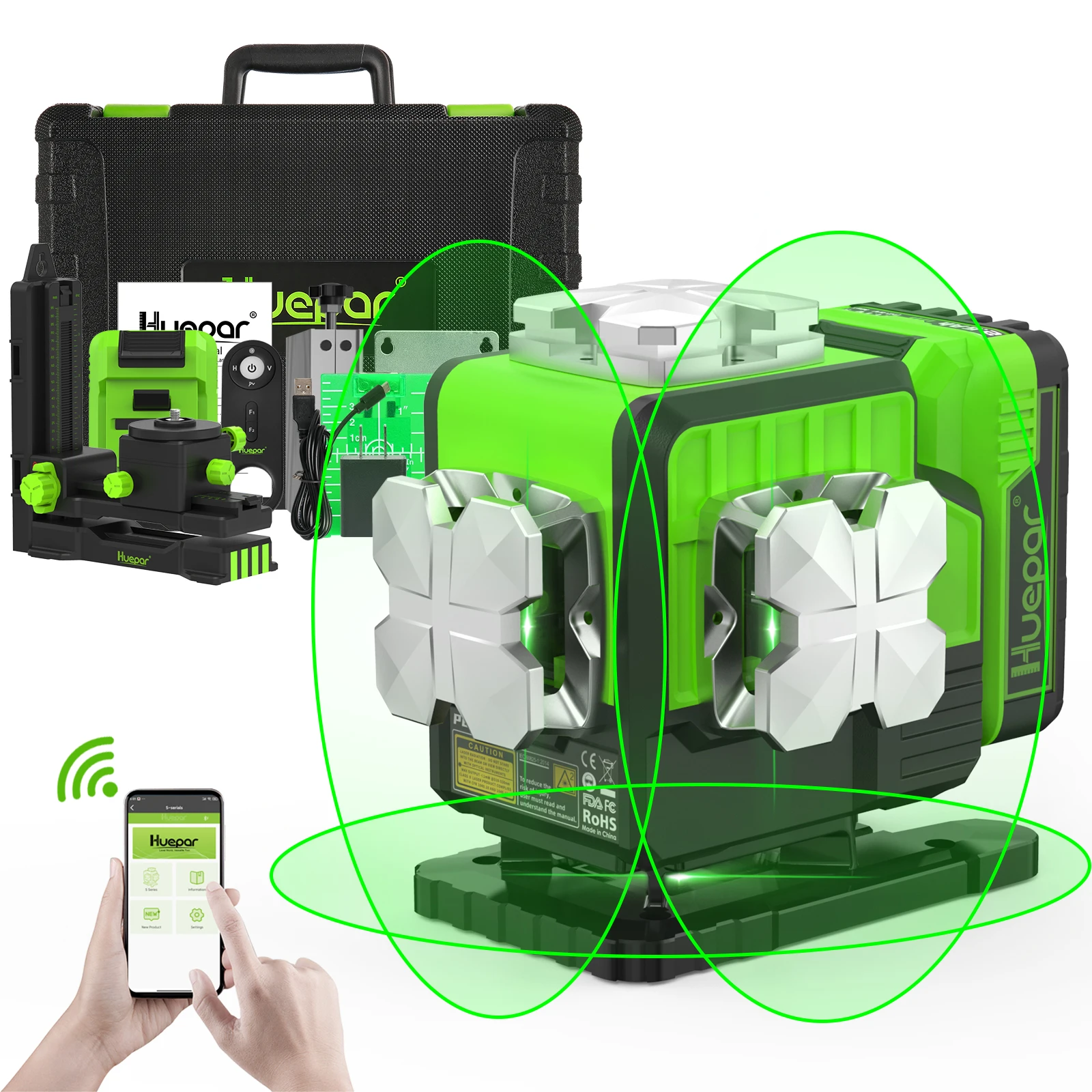 Huepar 3D Cross Line Self-leveling Laser Level 3 x 360 12 lines Green Beam  Three-Plane Leveling and Alignment Laser Tool, Li-ion Battery with Type-C  Charging Port & Hard Carry Case Included 