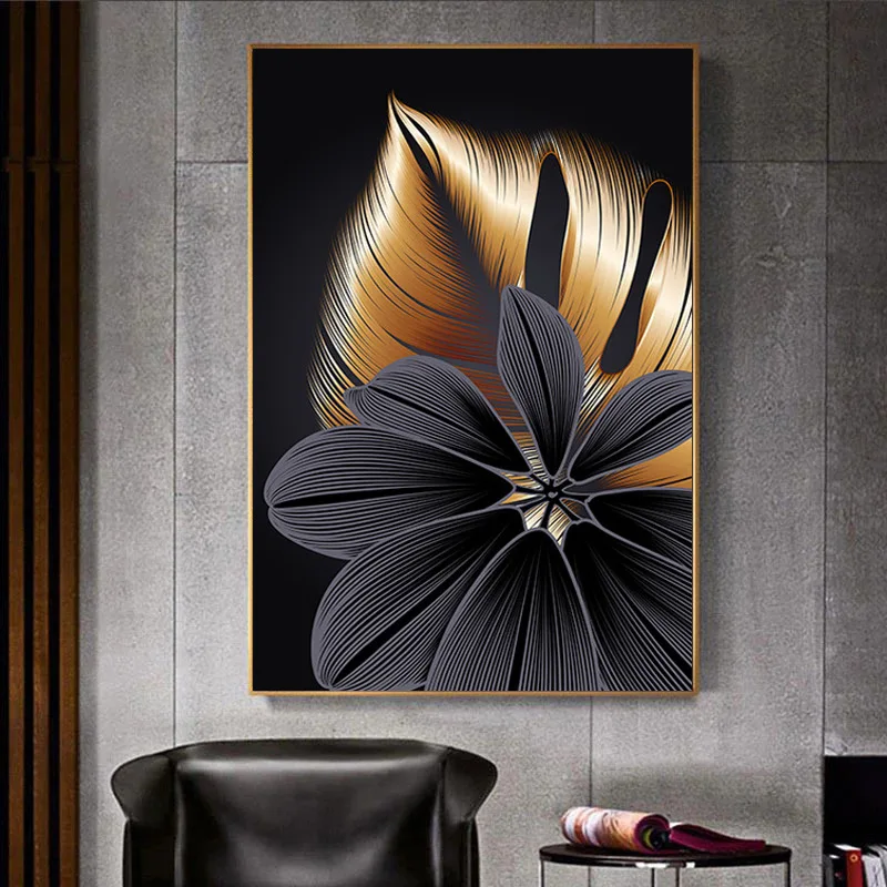

Modern Black Gold Leaf Triptych Painting Home Decor Canvas Poster Wall Decor Painting Room Hotel Museum Cafe Decor Painting