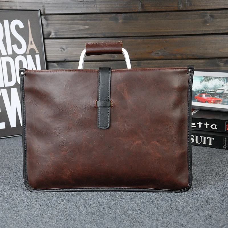 Vintage PU Leather Men's Handbag Business Briefcase For Document Large Capacity File Bag Fashion Shoulder Messenger