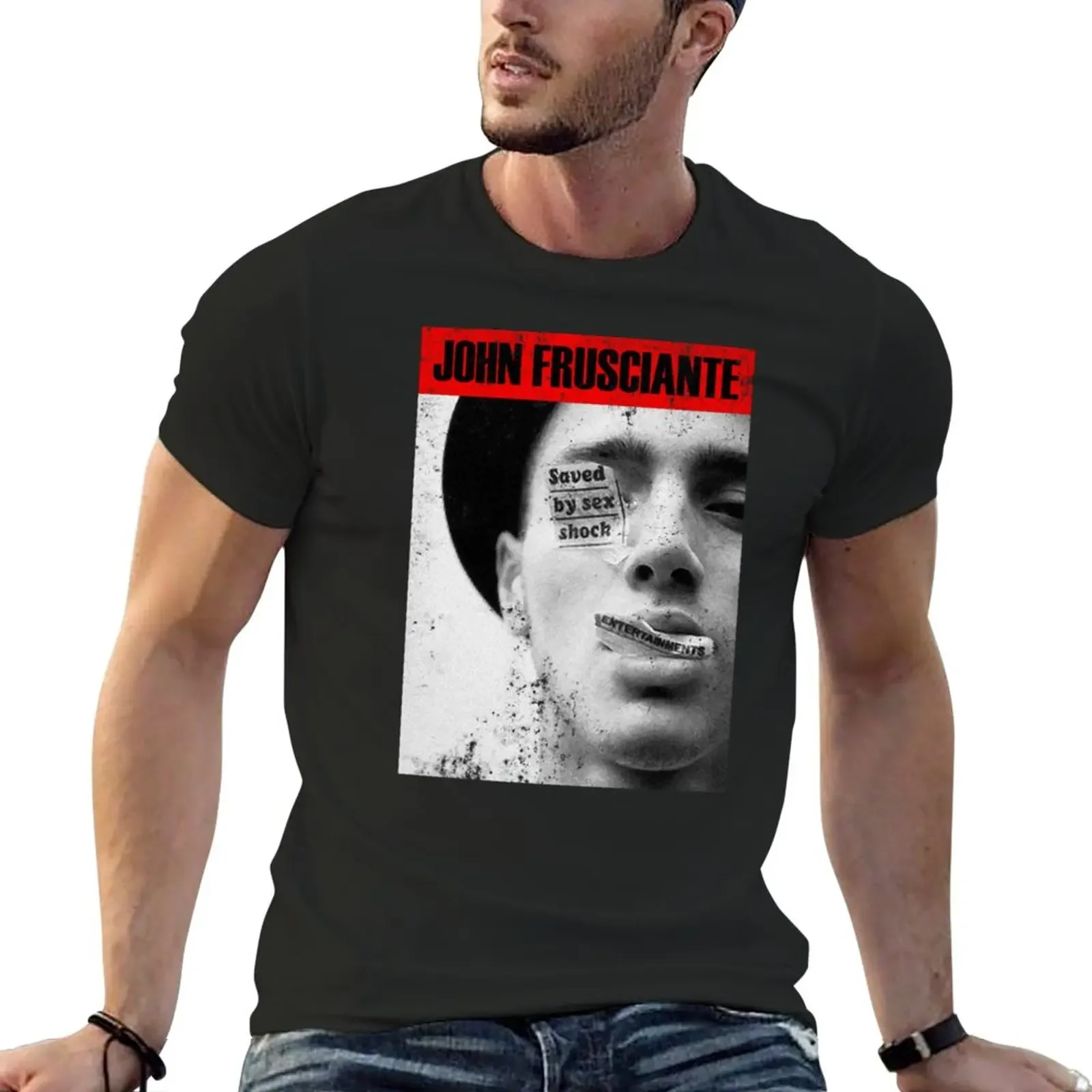 New John Frusciante Saved by Shock T-Shirt plus size tops sweat shirt custom t shirts tees clothes for men