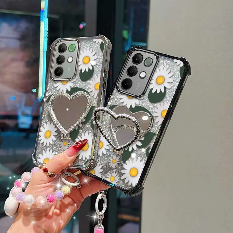 White Daisy Phone Accessory Set: Case, Lanyard, and Circular Stand