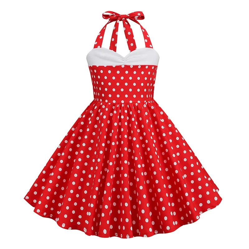 Kids Vintage Swing Belt Rockabilly Prom Party Dresses Baby Doll Neck European American Girls Retro Princess Dress Children Skirt