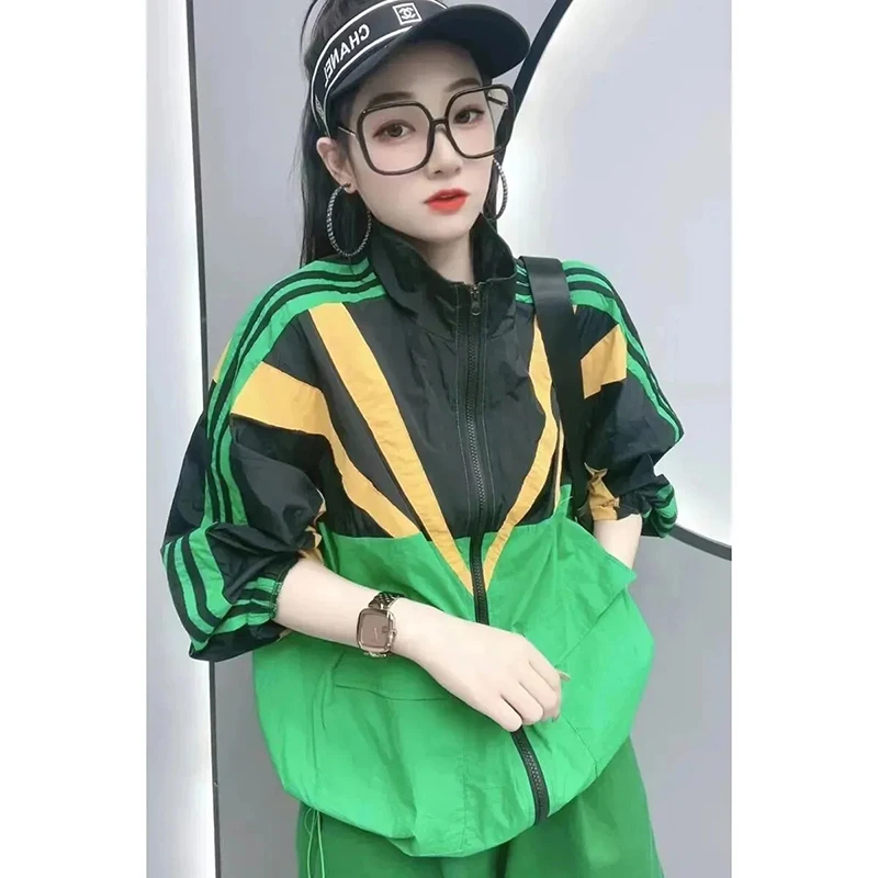 

Женское тонкое пальто в стиле пэчворк, цветной свободный спортивный костюм на молнии, ветровка, пальто, женская верхняя одежда для защиты от солнца в стиле хип-хоп