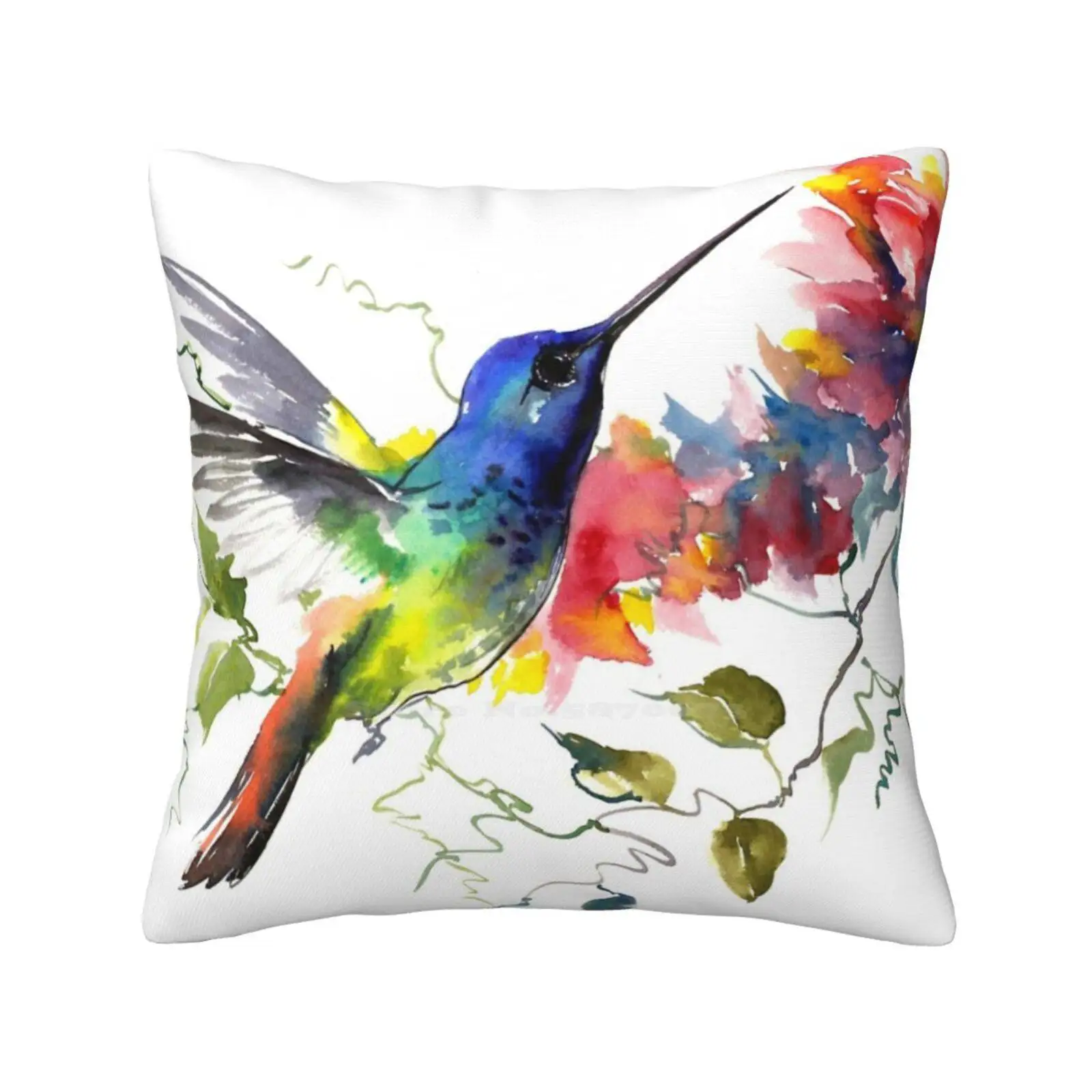 

Hummingird Funny Cute Decor Square Pillowcase Hummingbird Design Hummingbird Artwork Watercolor Tropics Hawaii Jungle Tropical