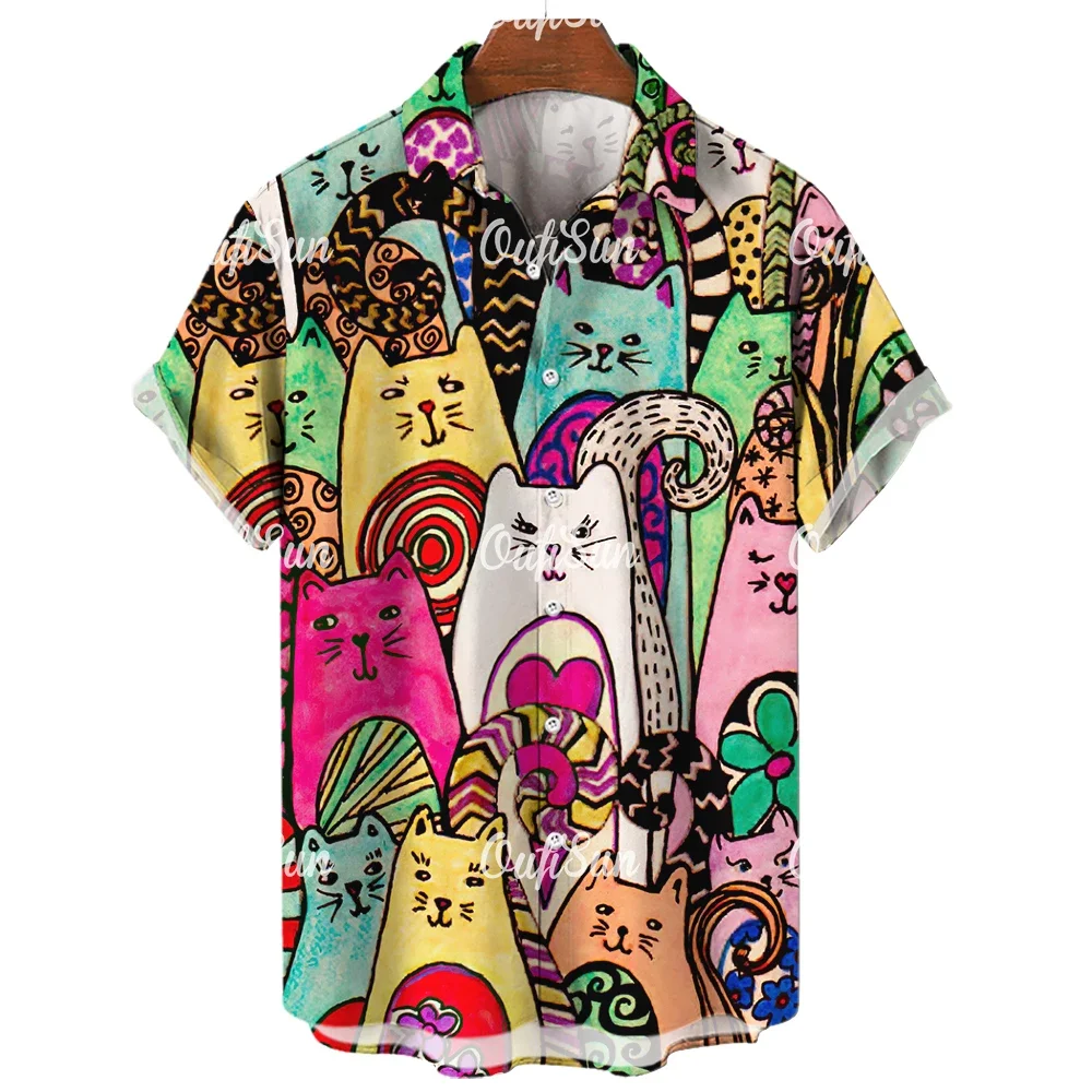 2023 3d Lapel Hawaiian Shirt Man Casual Short Sleeve Anime Shirts Cartoon Men's Shirt Summer Men Clothes Street Retro Animal Cat