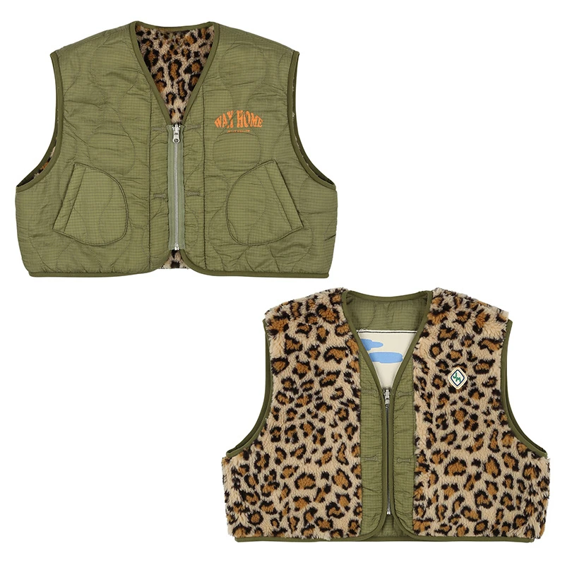 

Per-sale (Ship in September) 23 Autumn Kid Boys Cool Leopard Pattern Stitching Two Sides Wearing Vest Baby Girls Cotton Warm Top
