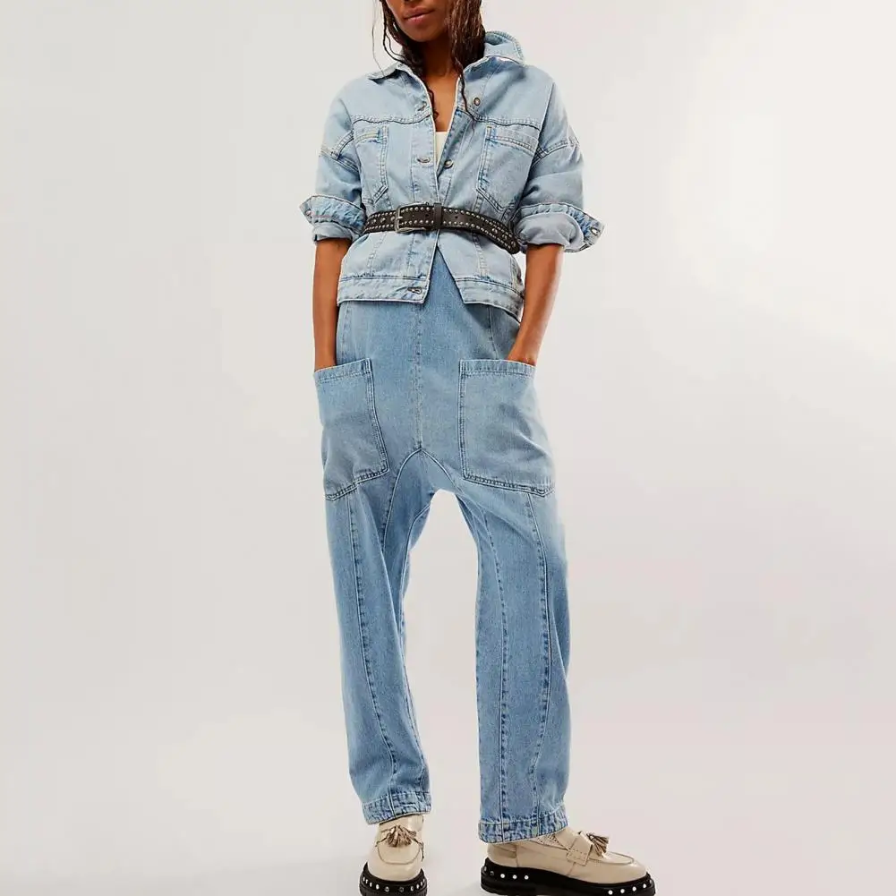 

Women Solid Color Casual Jumpsuit Stylish Women's Denim Bib Overalls with Adjustable Straps Pockets Relaxed Fit for Streetwear