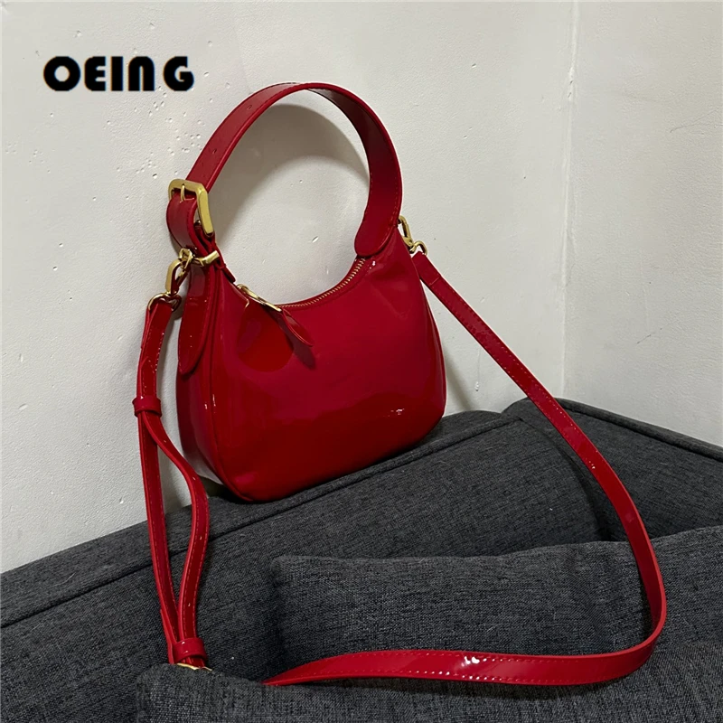

Women Shiny Patent Leather Handbags Adjustable Leather Shoulder Strap Bags Zipped Tote Bags Ladies Small Square Underarm Bags