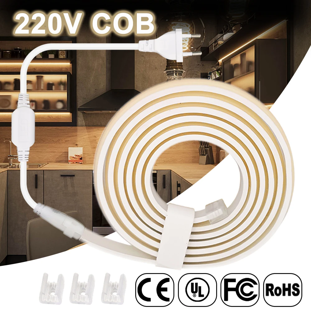 

0.5M-20M 220-240V COB Led Strip Light 288leds/M Density Flexible High Bright 3000k 4000k 6000k IP67 Waterproof For Outdoor Plug