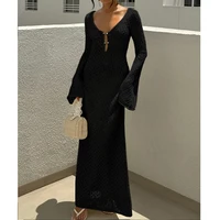 New Style Knitting Hollow Out V-Neck Long Sleeve Dress Ladies Beach Holiday Backless Bikini Cover-Ups Sunscreen Long Dress - Image 4