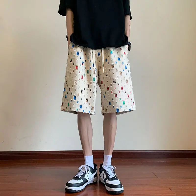 Trendy Summer American Style Men's Hole Plaid Patchwork Elastic Wait Drawstring Shorts Fashion Loose Sports Casual Knee Length