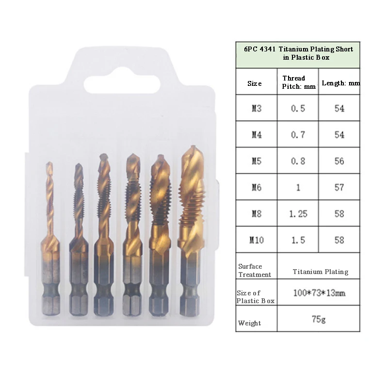 L-FIRST 6pcs Tap Drill Bit Hex Shank Titanium Plated HSS Screw Thread Bit Screw Machine Compound Tap M3 M4 M5 M6 M8 M10 Tools best hand planer Hand Tools