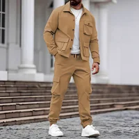 Printemps et automne hommes à la mode nouveau style de vêtements de travail sportifs couleur unie multi-poches conception à manches longues ensemble de pantalons longs 4