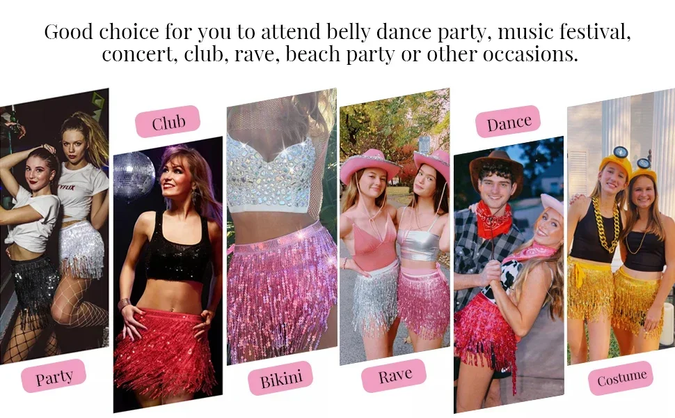 Description Picture 5 of item1-6PCS Sequin Fringe Skirts Belly Dance Hip Scarf Sparkly Tassel Skirt Concert Outfit for Birthday Wedding Bachelor Party Favors