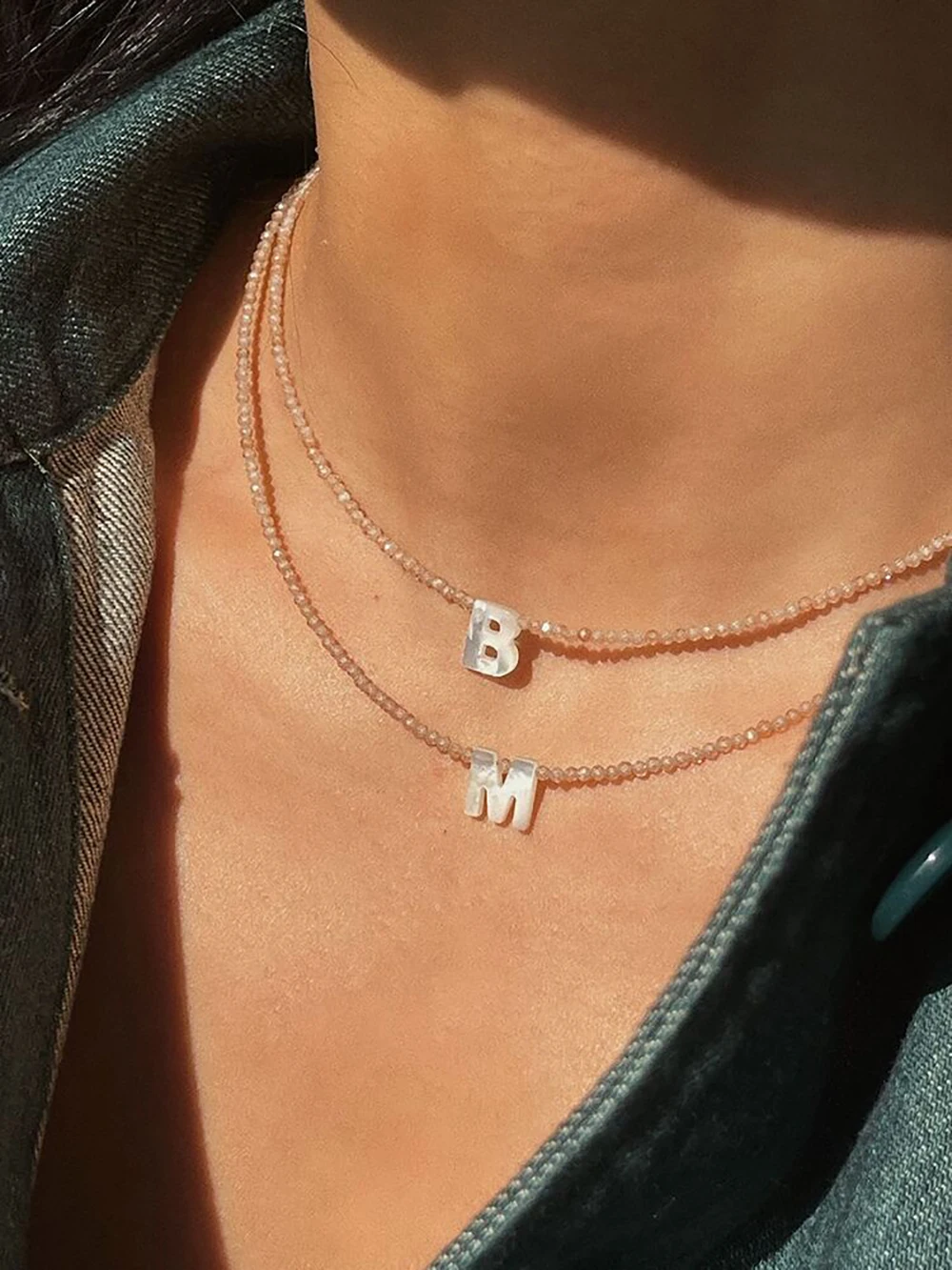 Boho Handmade Natural Stone Beaded Initial Necklace for Women Shell Letter Fashion Summer Beach Jewelry