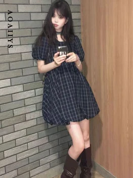 Aoaiiys Aesthetic Dresses Women O Neck Lantern Sleeve Dress Japanese Vintage Plaid Classic Mini Dresses Summer New A-Line Dress 1