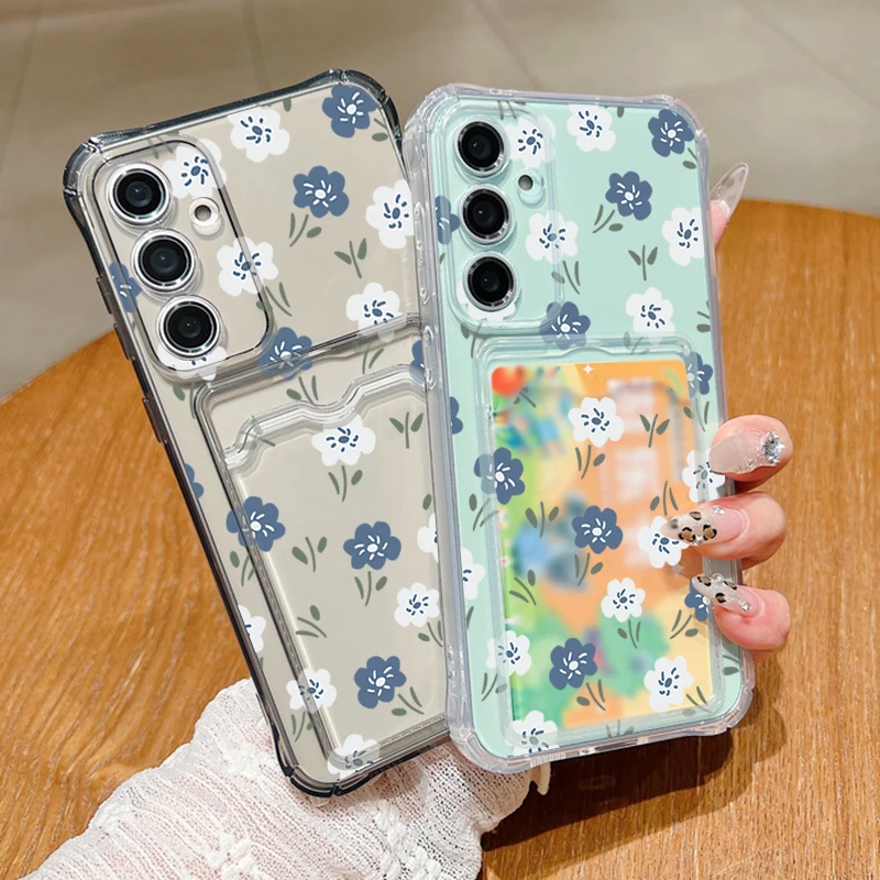 Blue & White Floral Card Wallet Phone Case - TPU Protective Cover