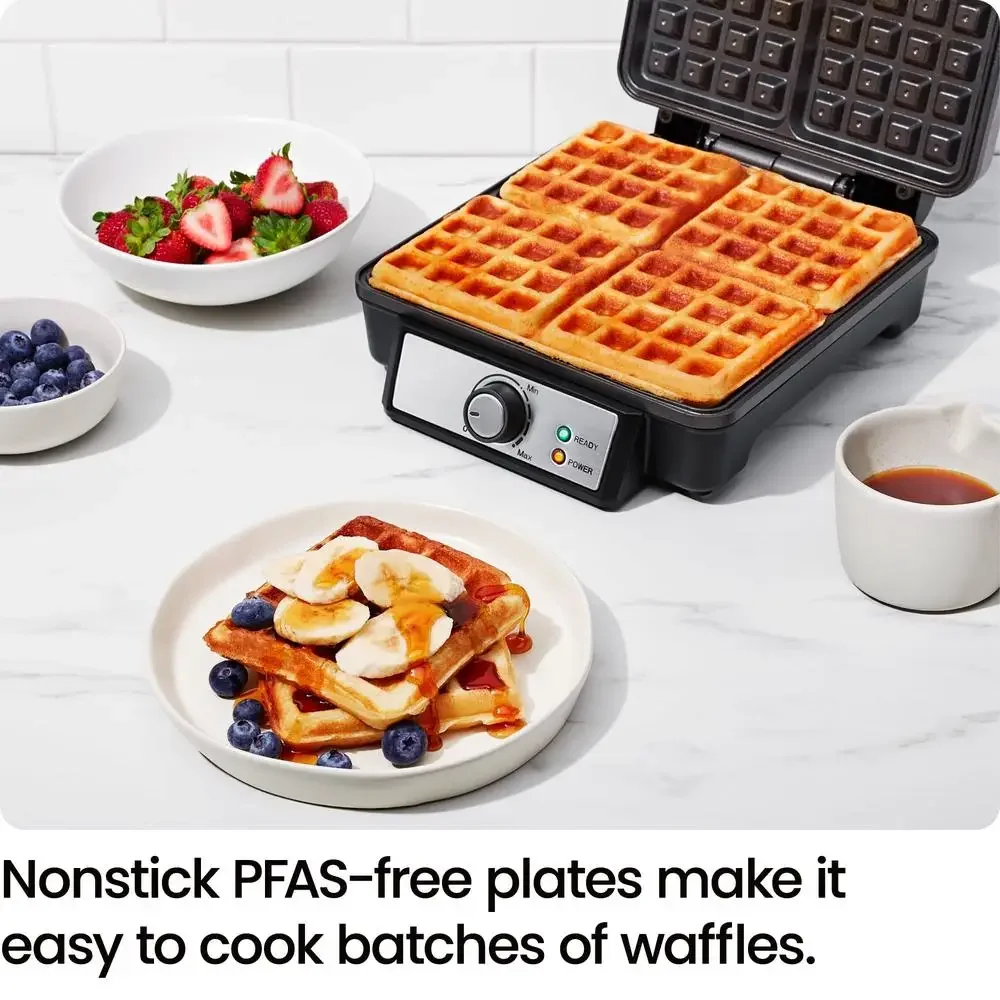 Four-Slice Belgian Waffle Iron Customize Temperature Nonstick Plates Easy Cleaning RJ04-4P-V2-WM New 4