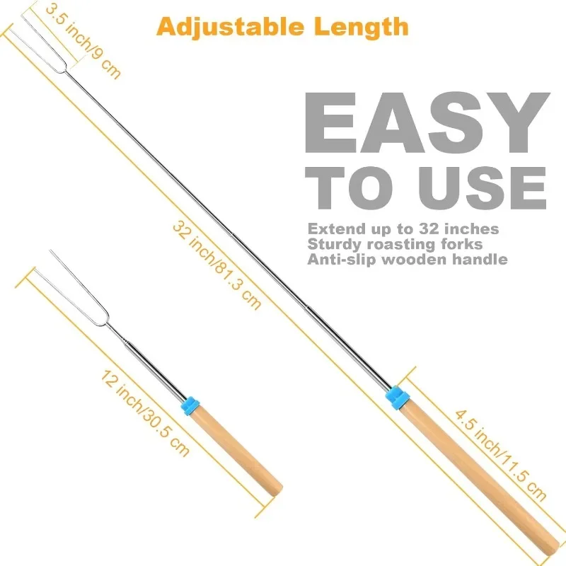 AROMUJOY 12 Forchette Telescopiche Da Barbecue In Acciaio Inox Con Manico In Legno - Estendibili Da 32 A 82 Cm + 100 Spiedini In Bambù - Kit Falò E Campeggio, 12 Colori